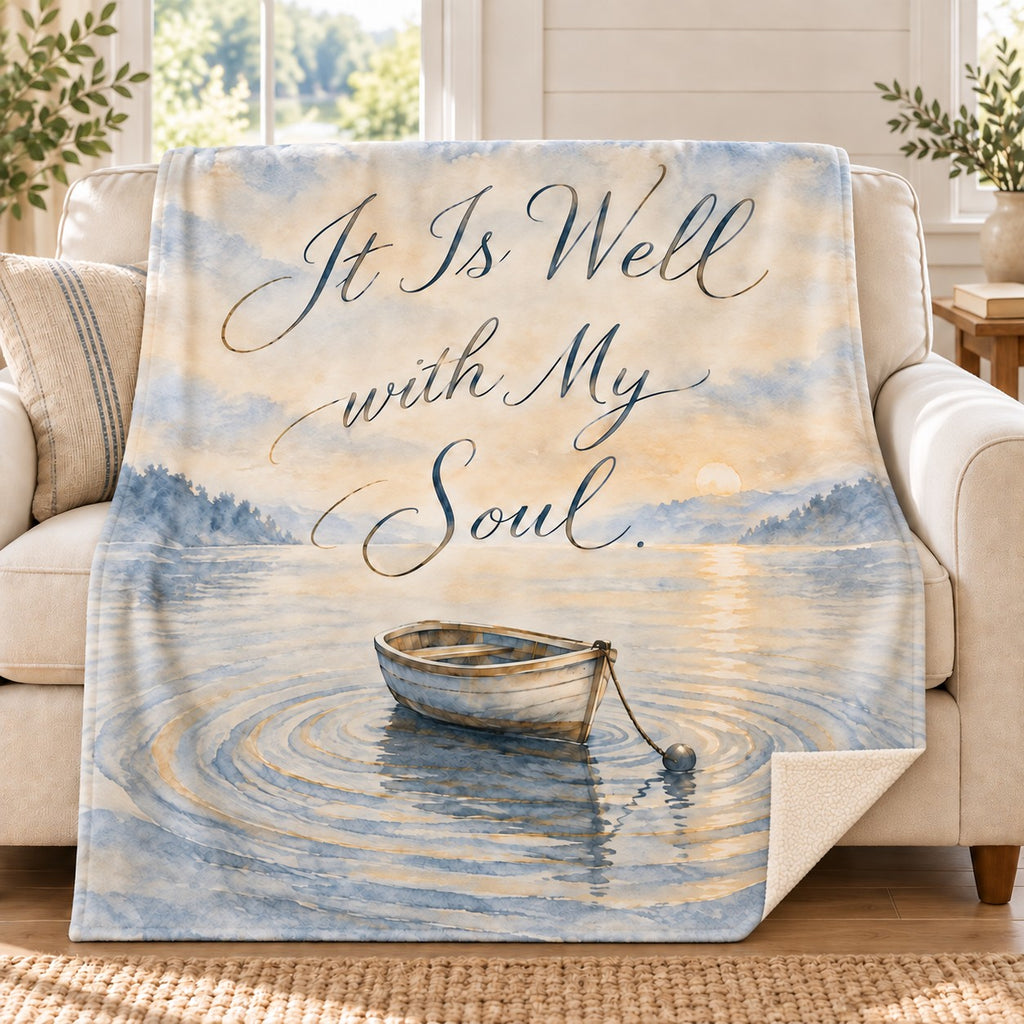 It Is Well with My Soul blanket, on a sofa