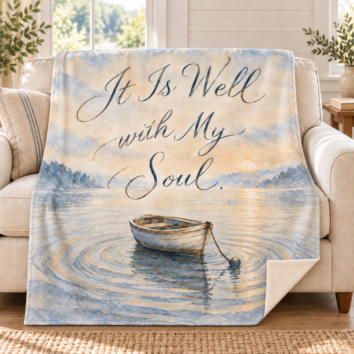 It Is Well with My Soul blanket, on a sofa