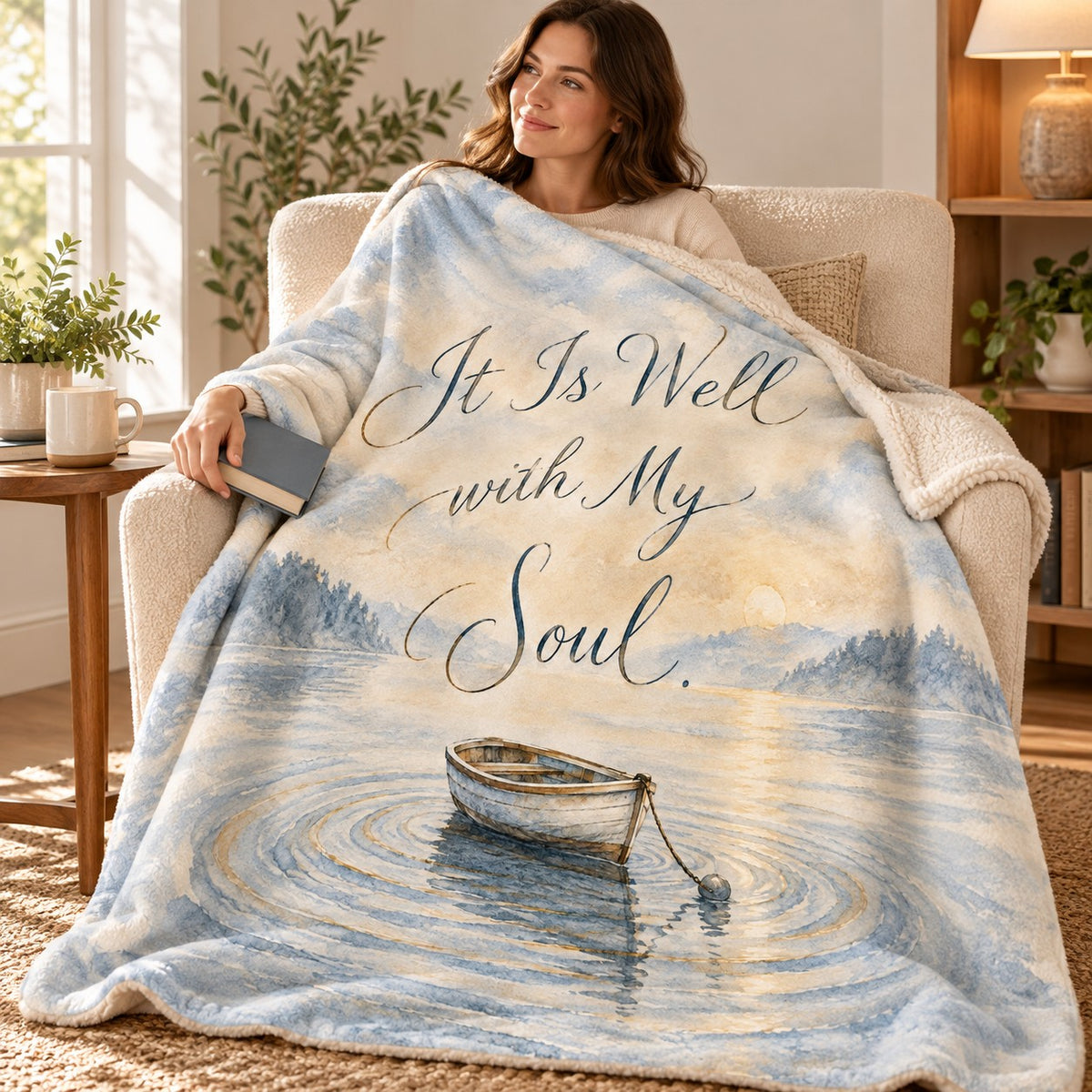 It Is Well with My Soul blanket, wrapped around a reader
