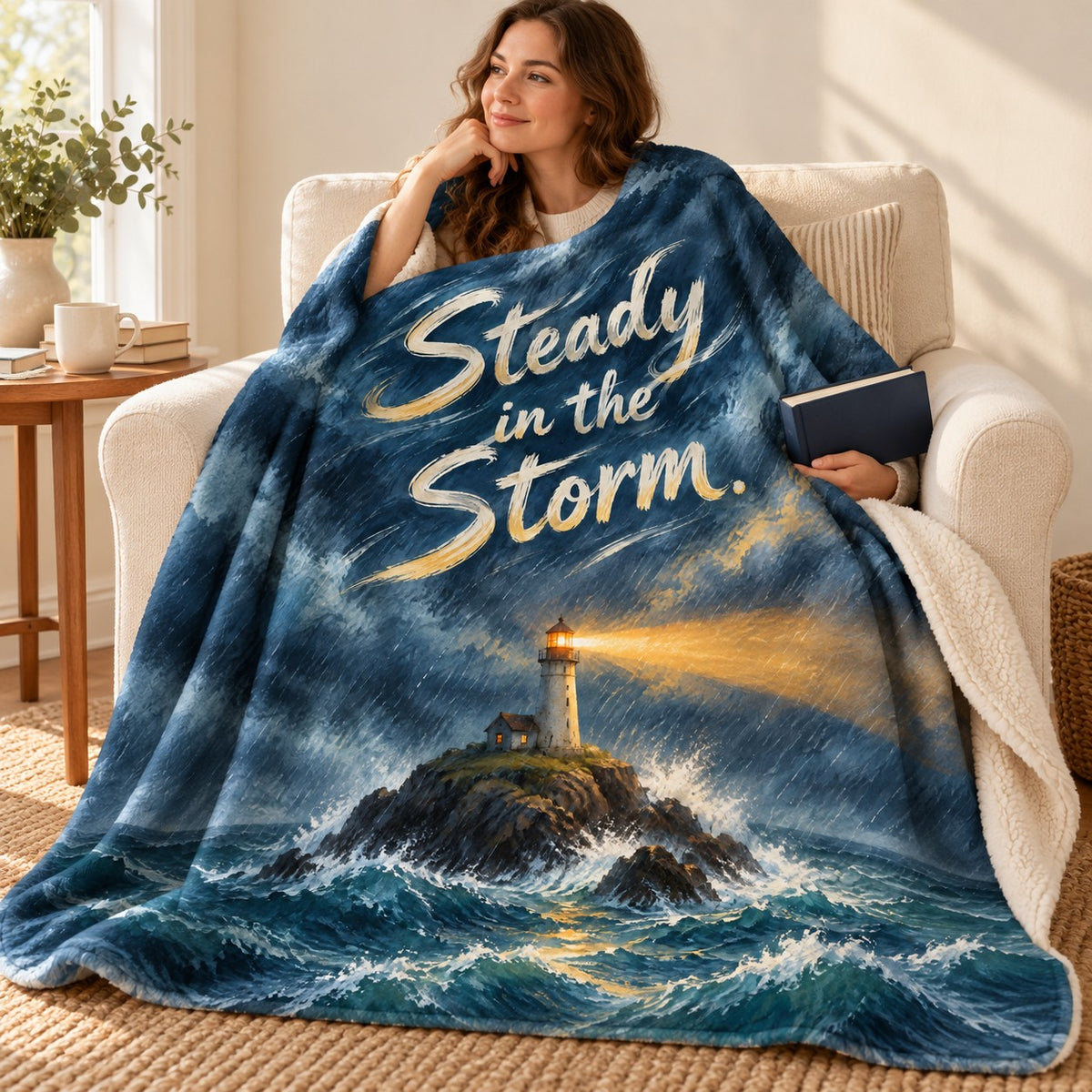 Steady in the Storm blanket, wrapped around a reader