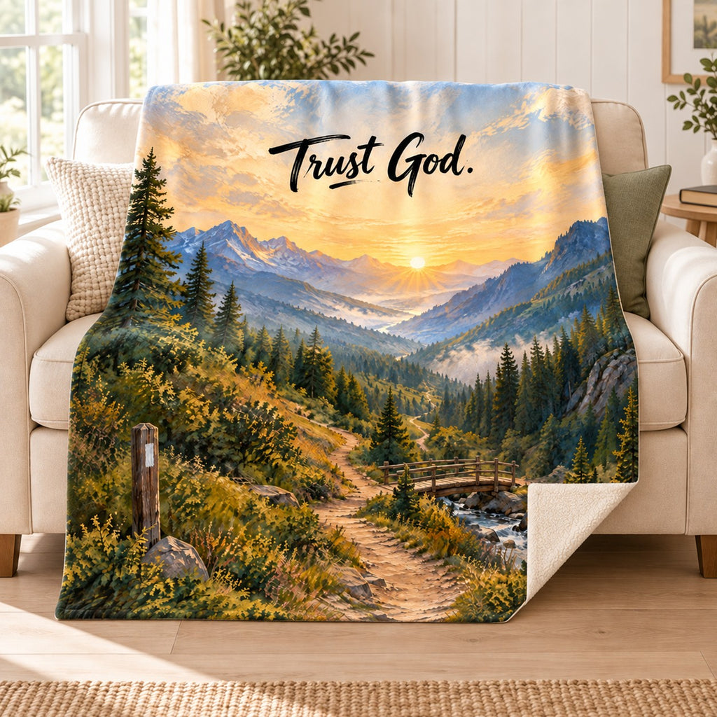 Trust God blanket, on a sofa