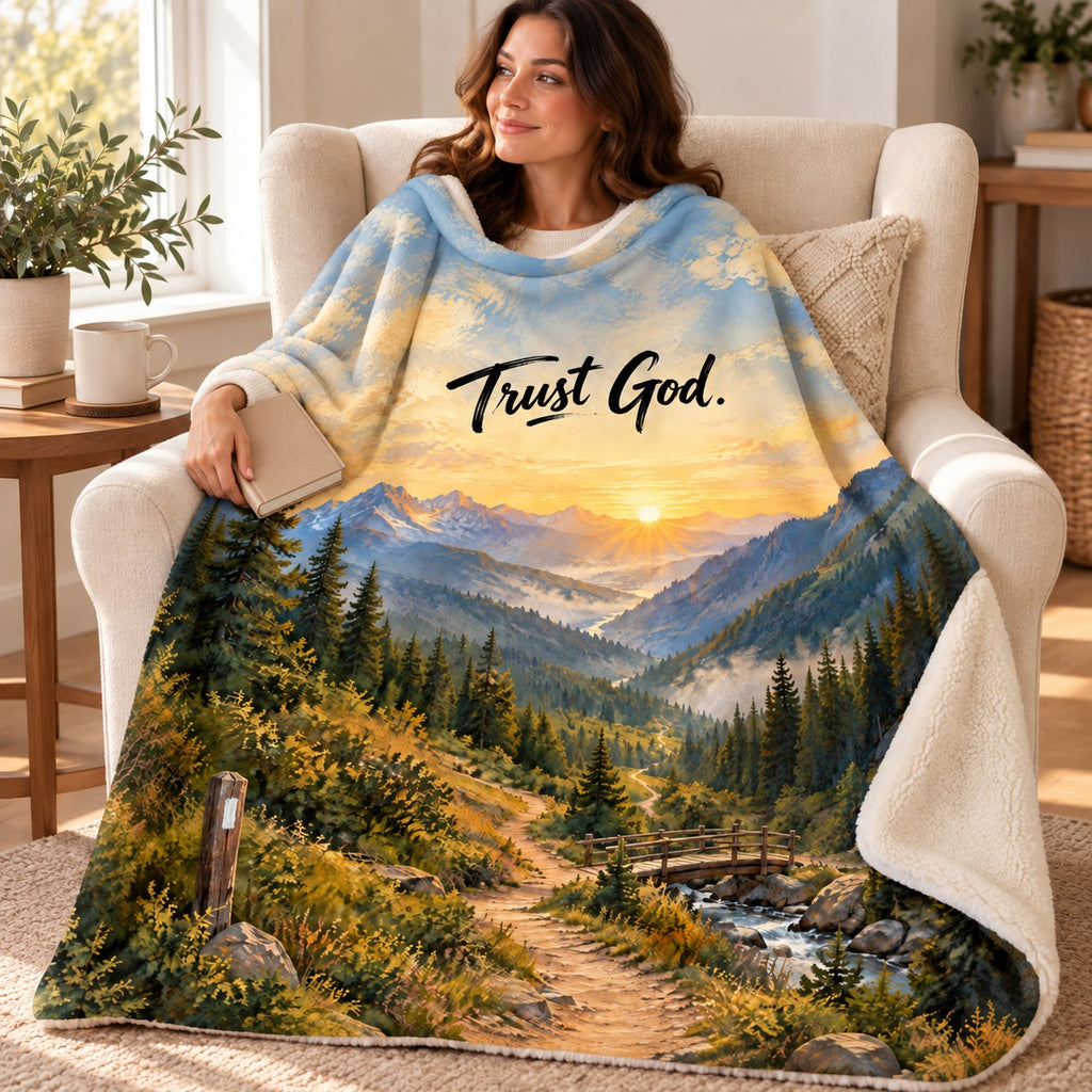 Trust God blanket, wrapped around a reader