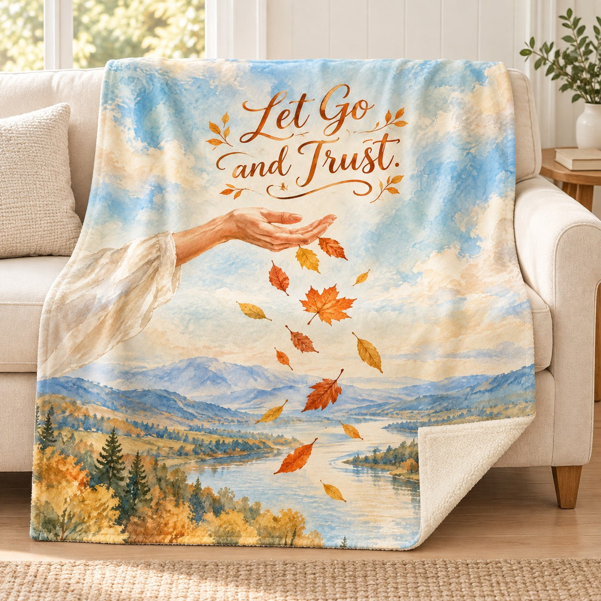 Let Go and Trust blanket, on a sofa