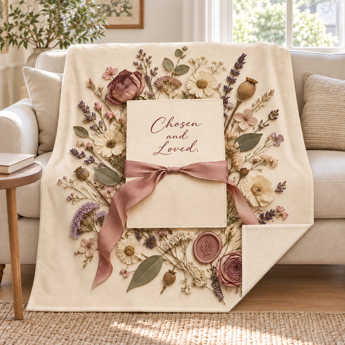 Chosen and Loved blanket, on a sofa