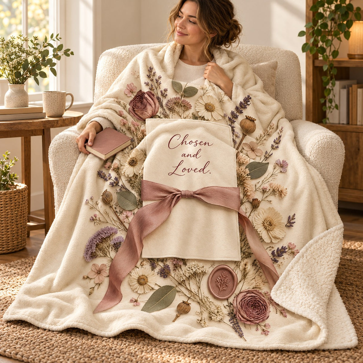 Chosen and Loved blanket, wrapped around a reader