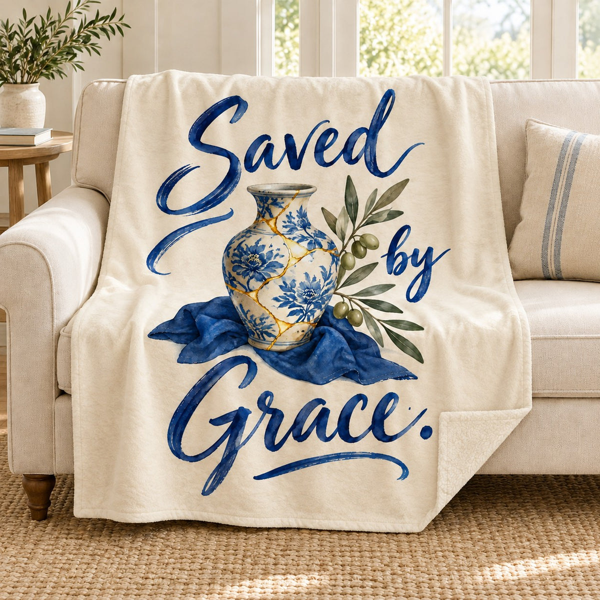 Saved by Grace blanket, on a sofa