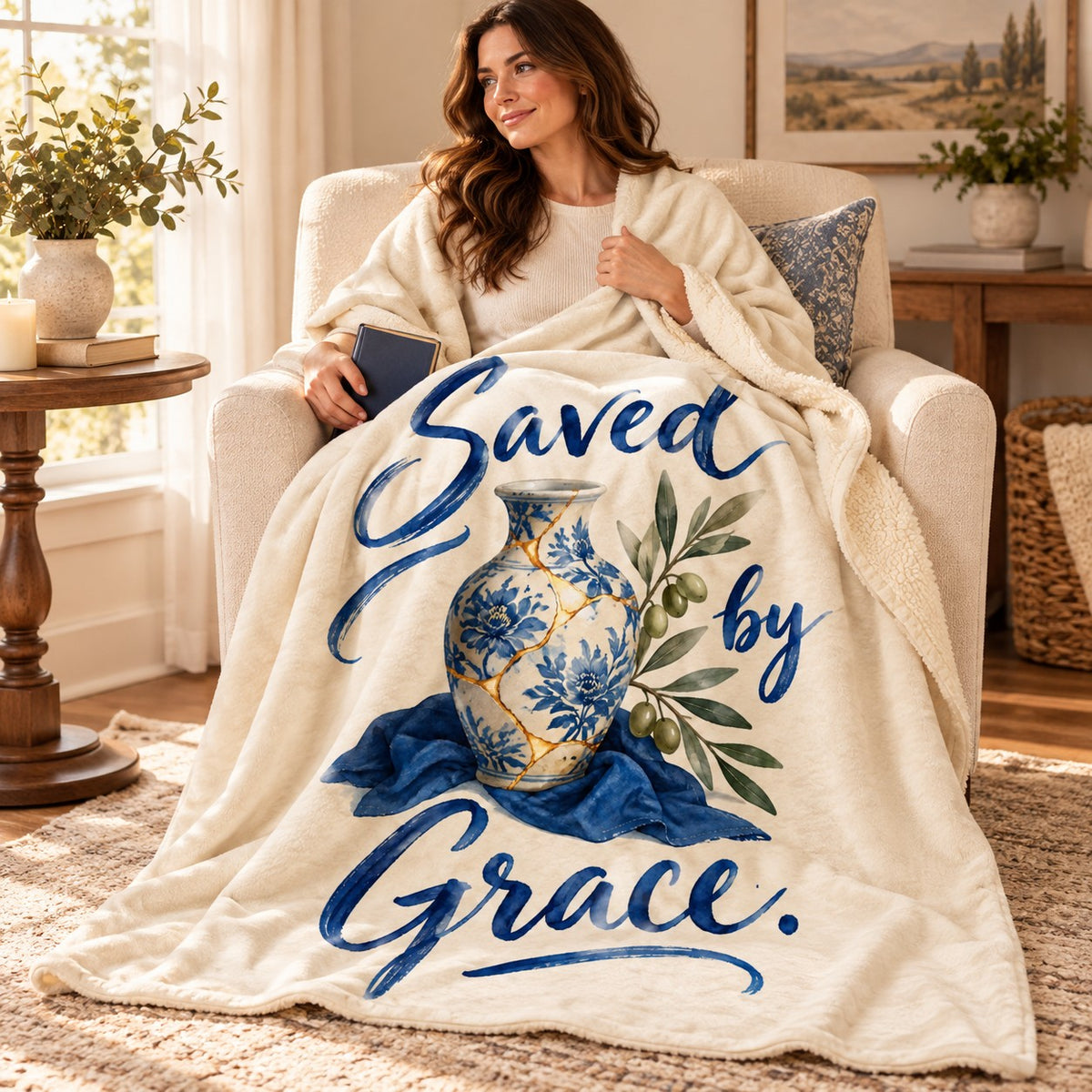 Saved by Grace blanket, wrapped around a reader