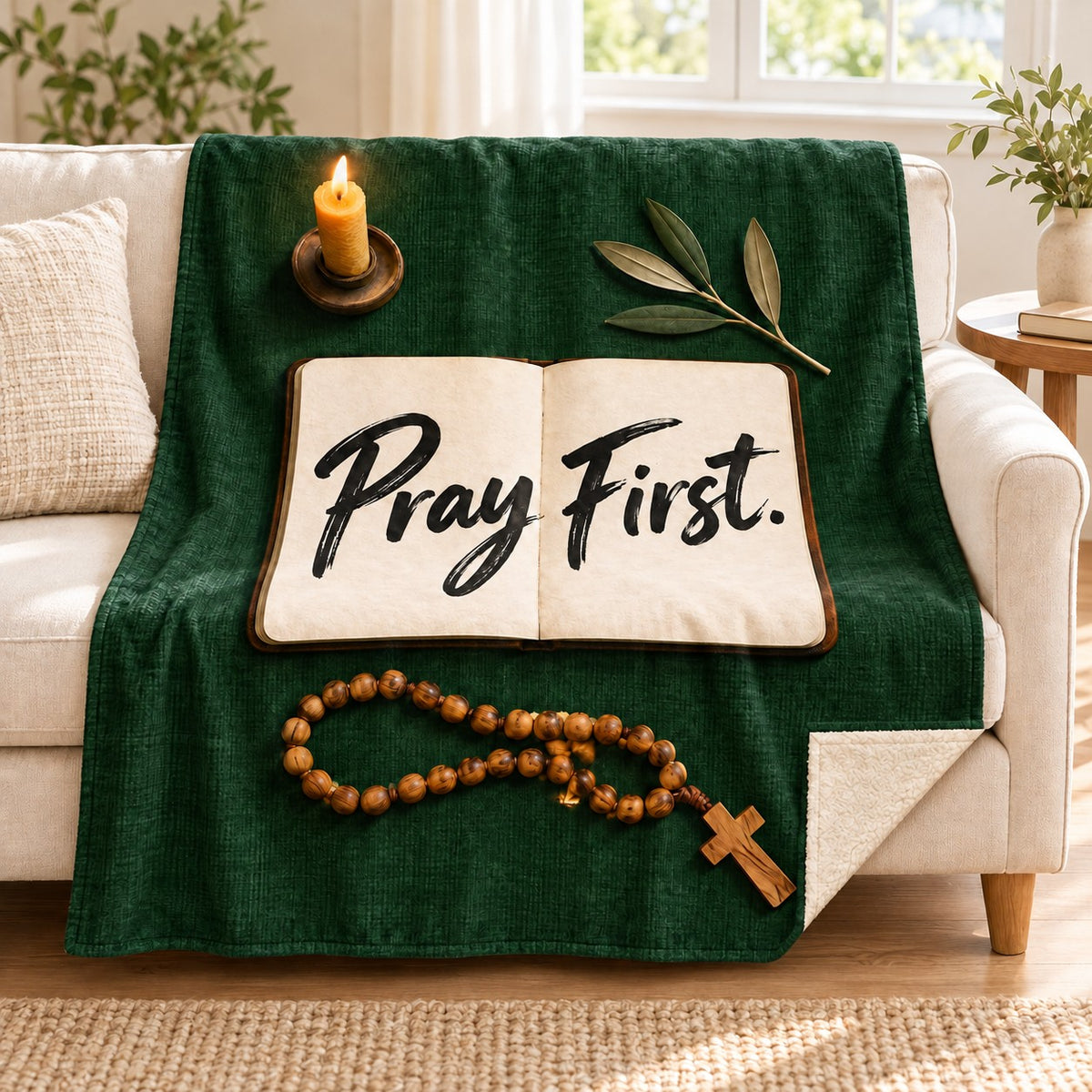 Pray First blanket, on a sofa