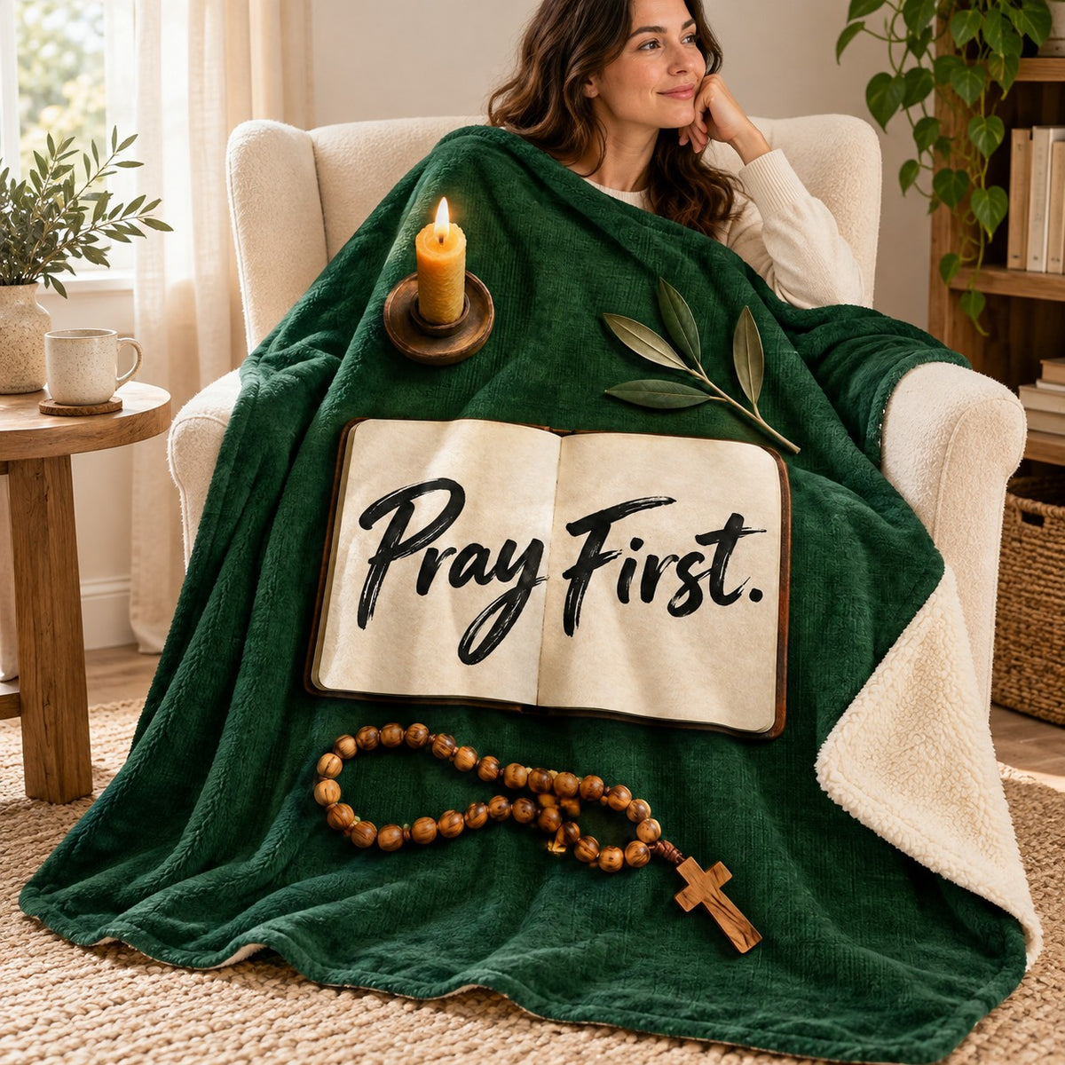 Pray First blanket, wrapped around a reader