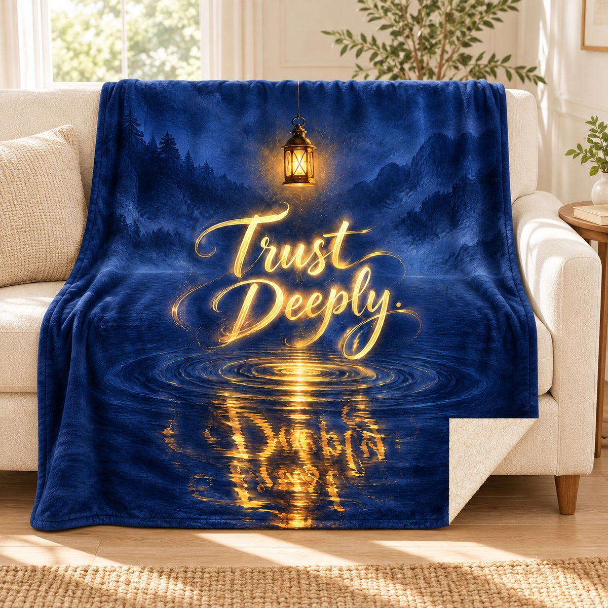 Trust Deeply blanket, on a sofa