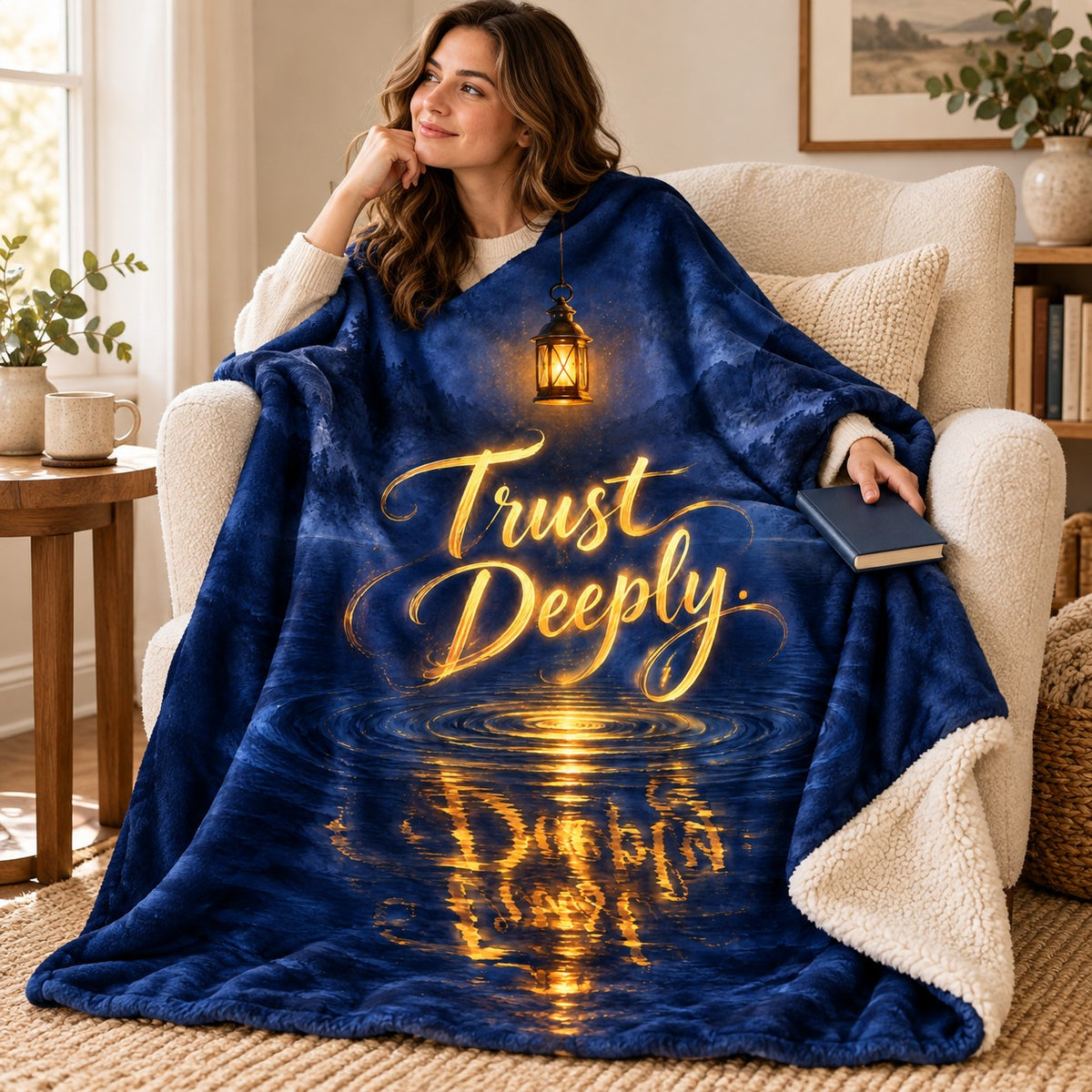 Trust Deeply blanket, wrapped around a reader