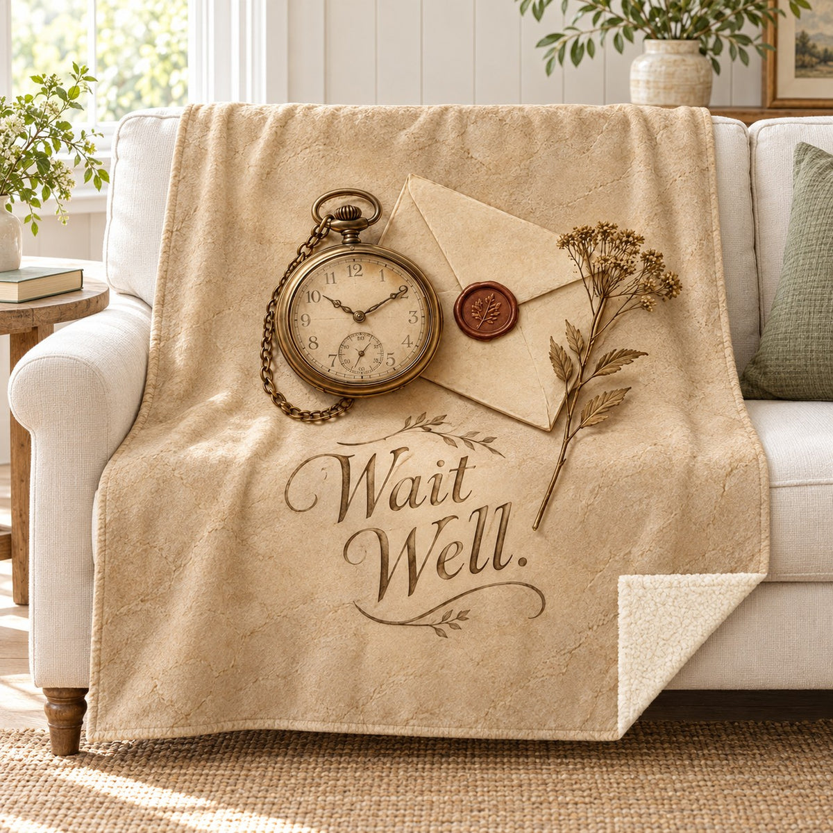 Wait Well blanket, on a sofa