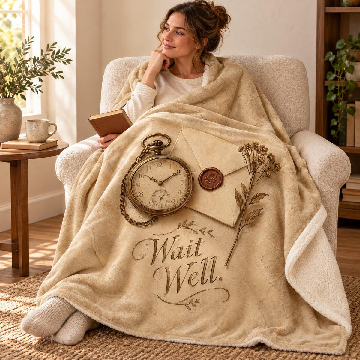 Wait Well blanket, wrapped around a reader