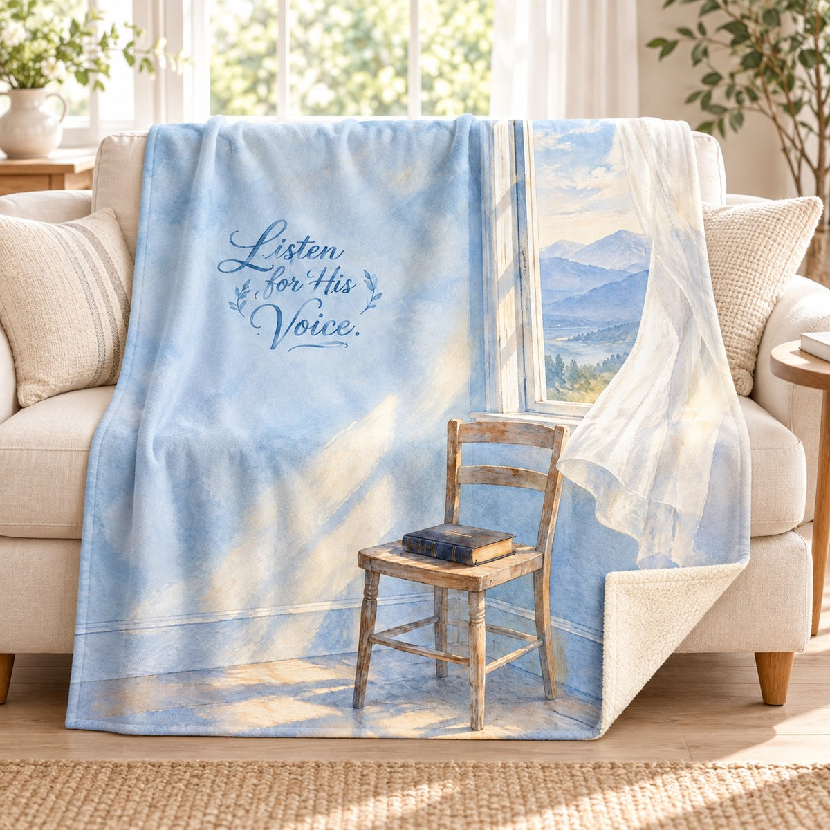 Listen for His Voice blanket, on a sofa