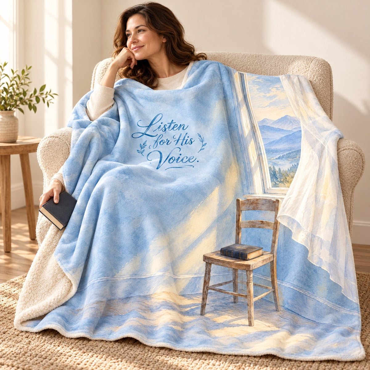 Listen for His Voice blanket, wrapped around a reader