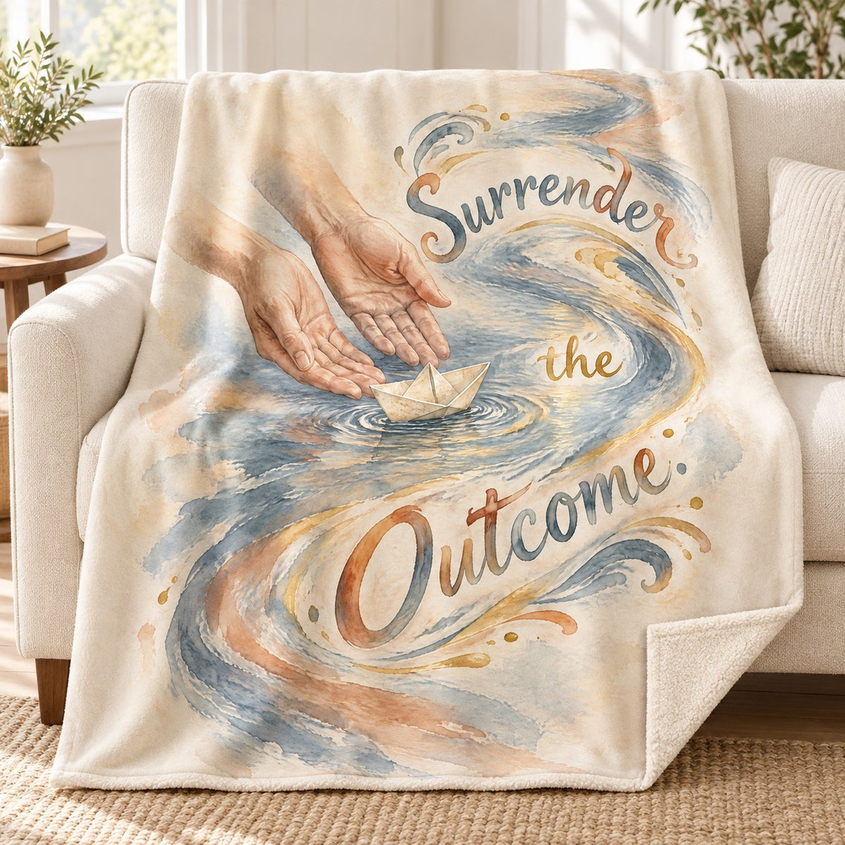 Surrender the Outcome blanket, on a sofa