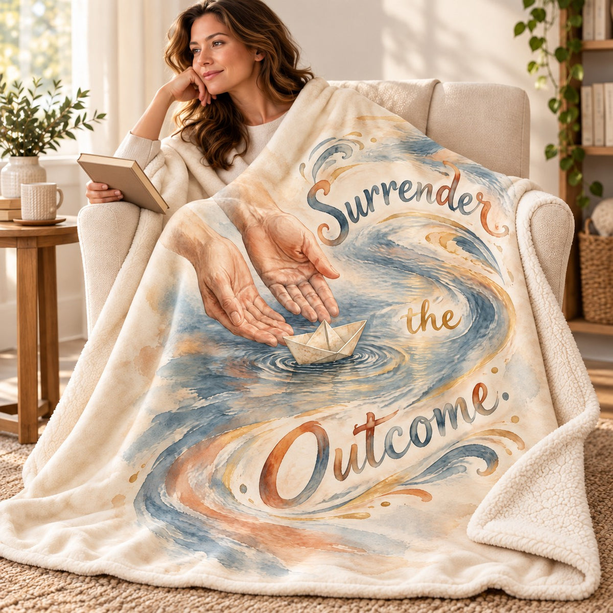 Surrender the Outcome blanket, wrapped around a reader