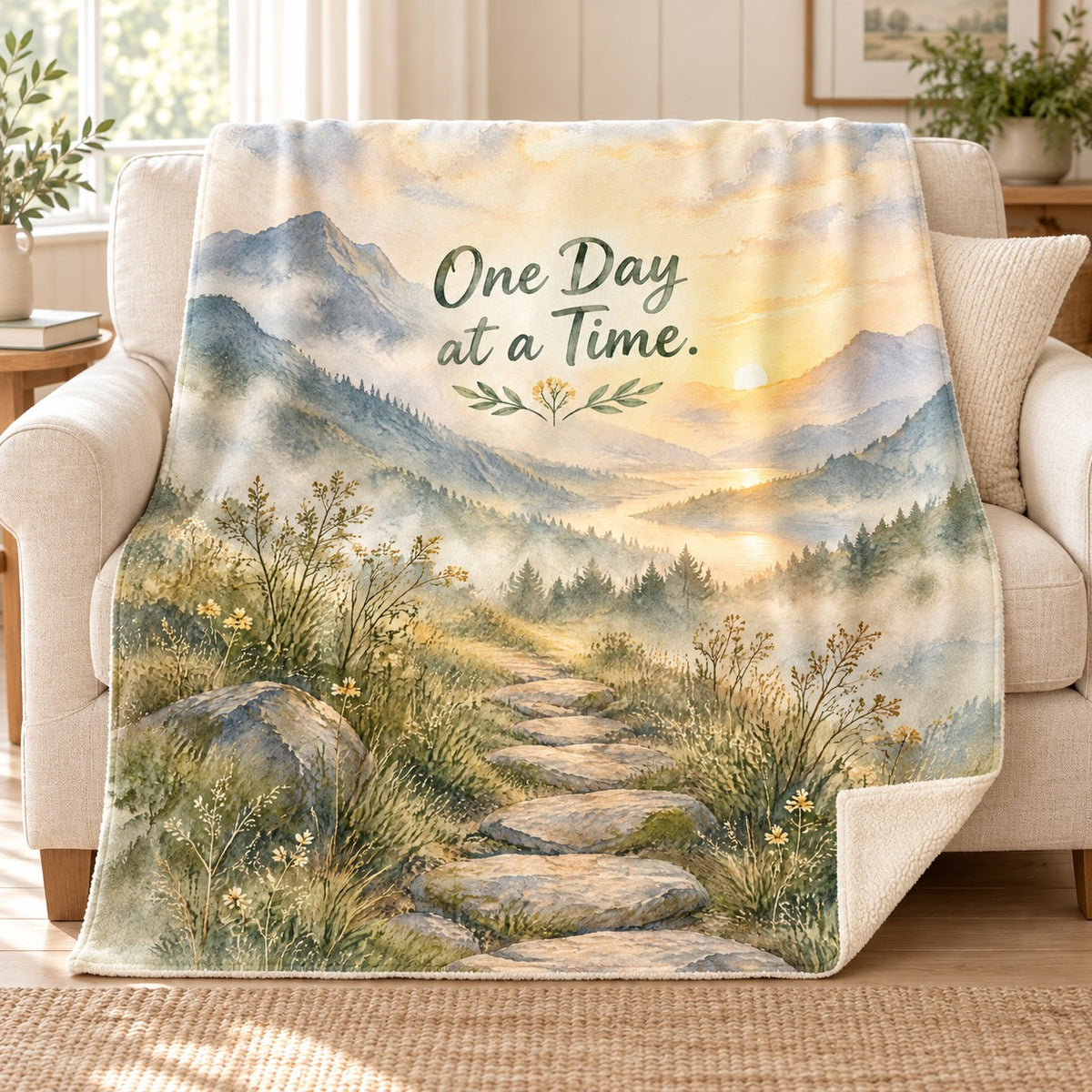 One Day at a Time blanket, on a sofa