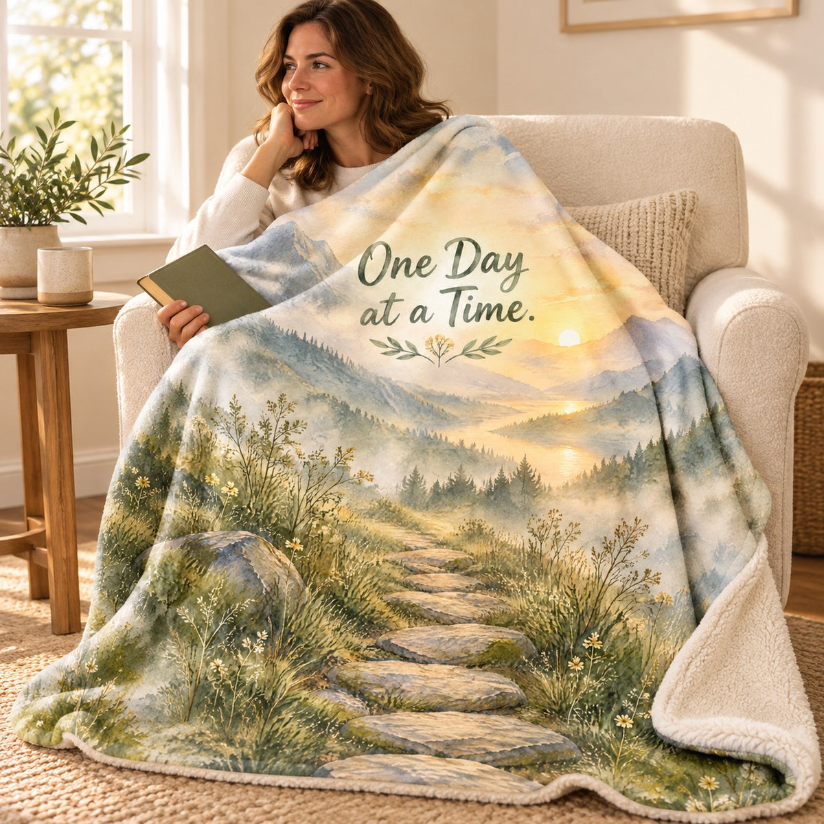 One Day at a Time blanket, wrapped around a reader