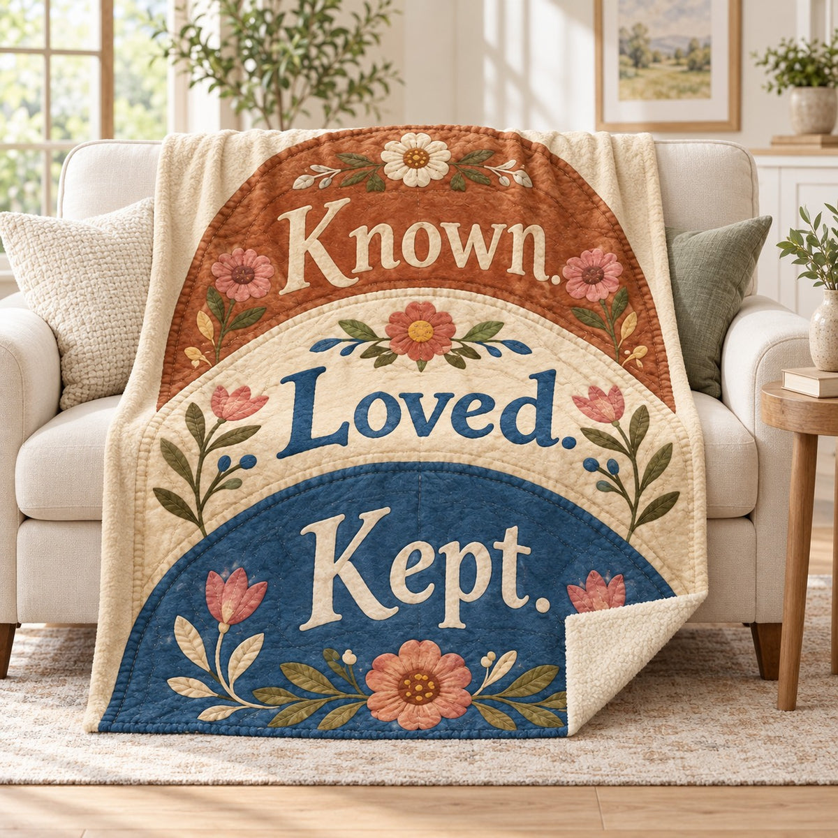 Known. Loved. Kept blanket, on a sofa