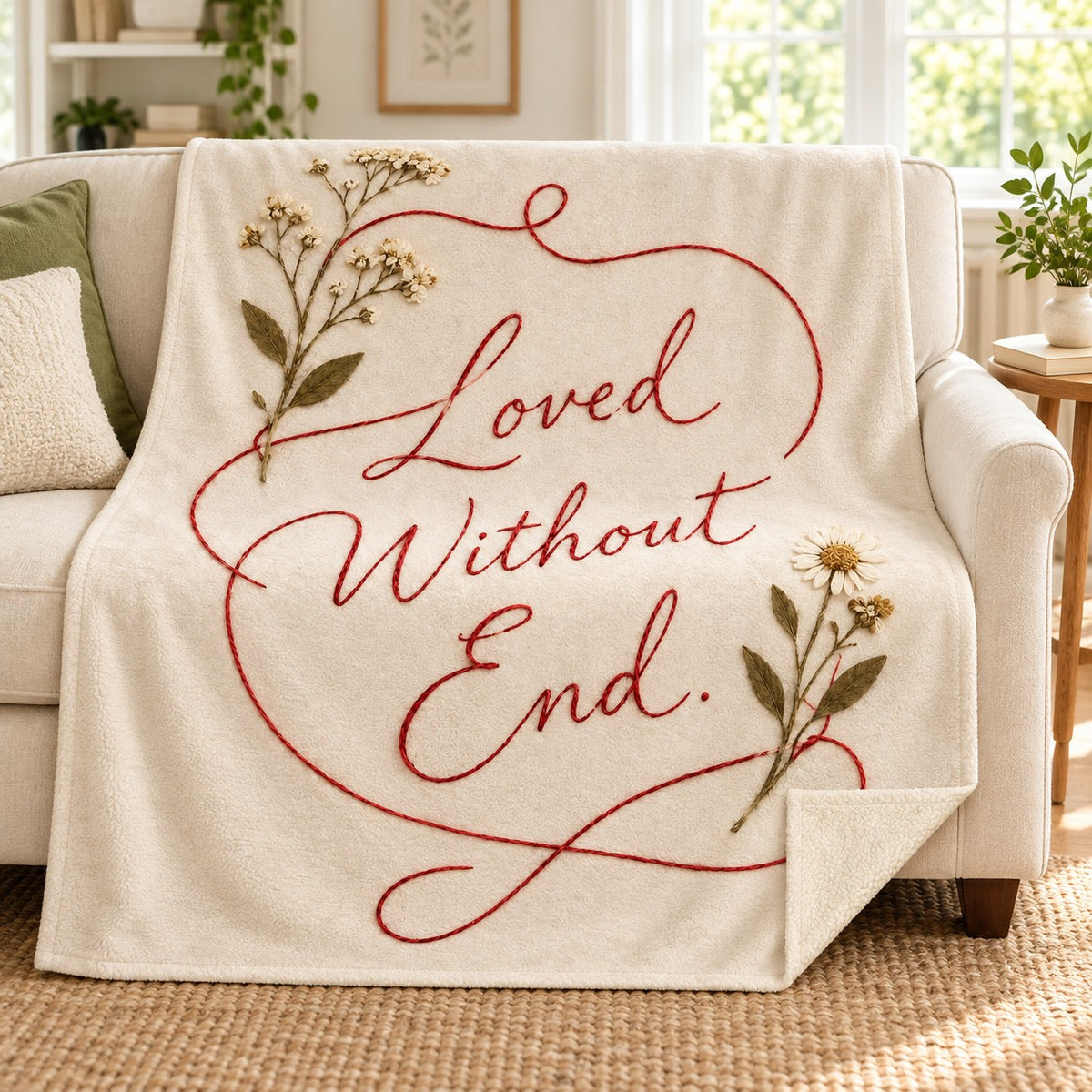 Loved Without End blanket, on a sofa