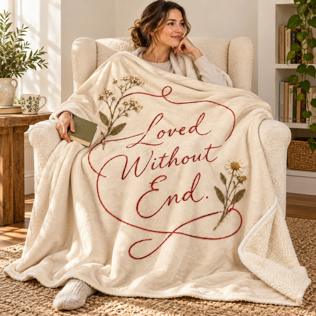 Loved Without End blanket, wrapped around a reader