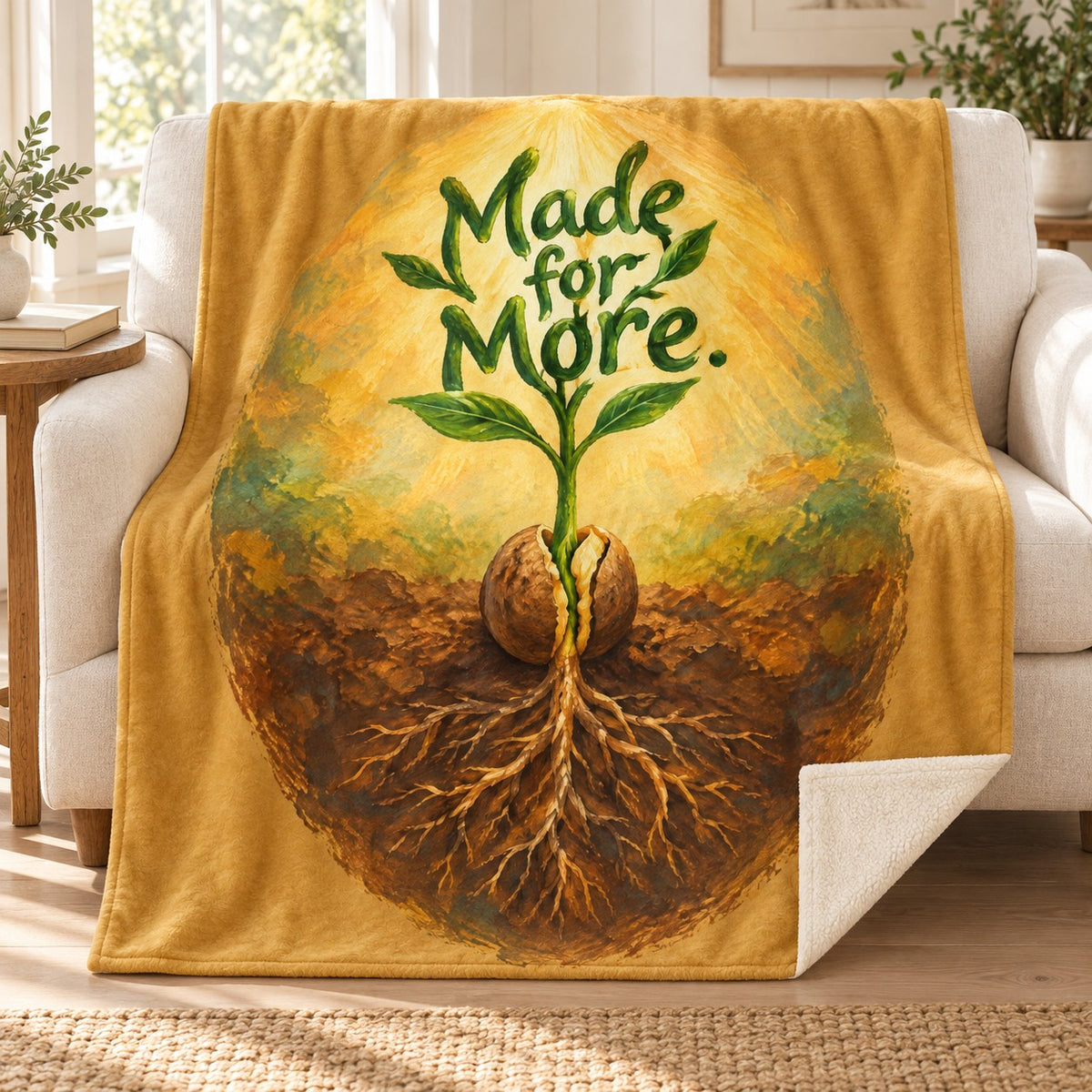 Made for More blanket, on a sofa