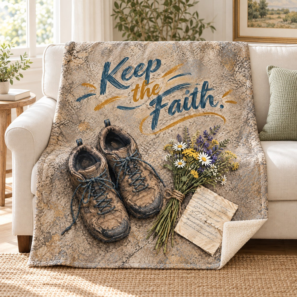 Keep the Faith blanket, on a sofa