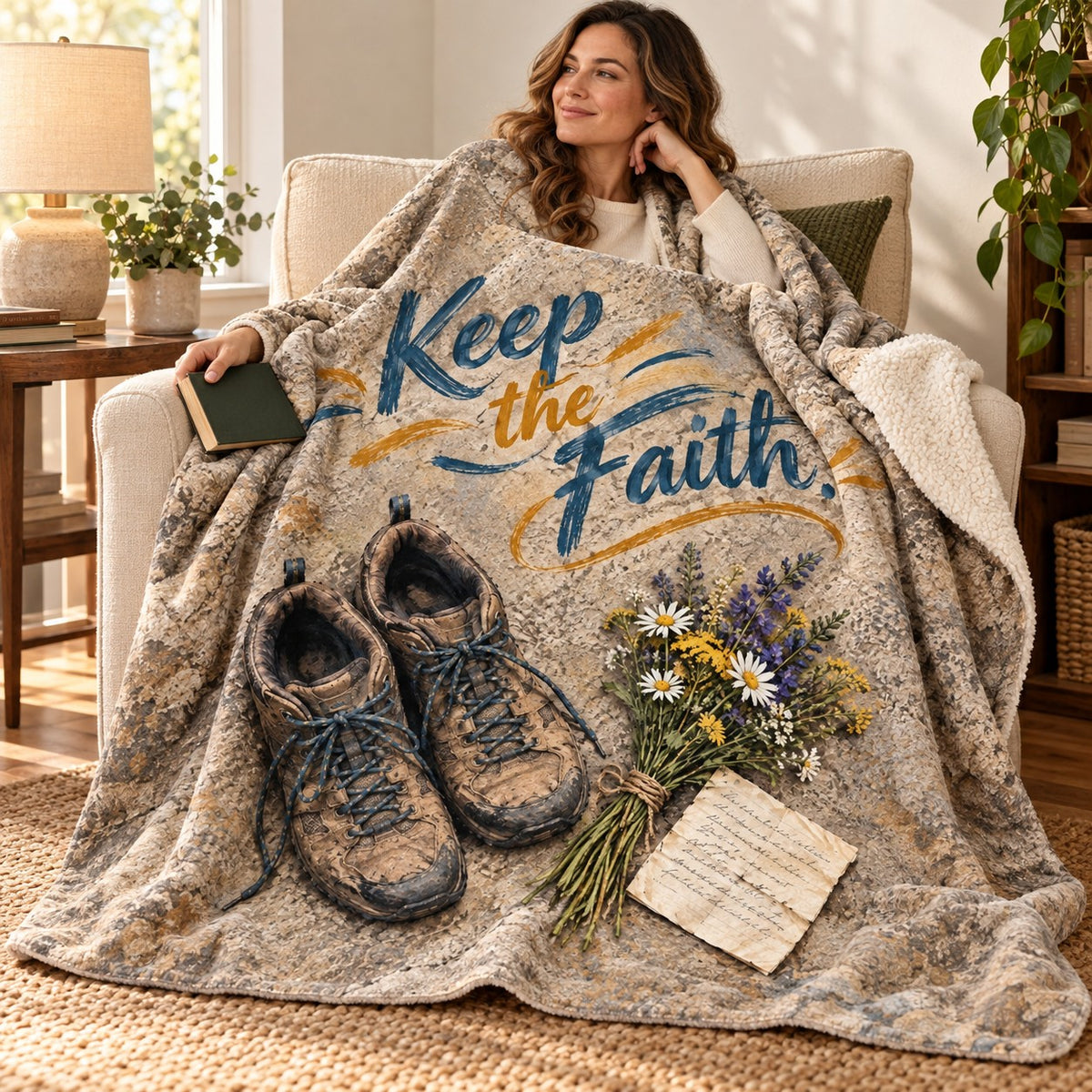 Keep the Faith blanket, wrapped around a reader