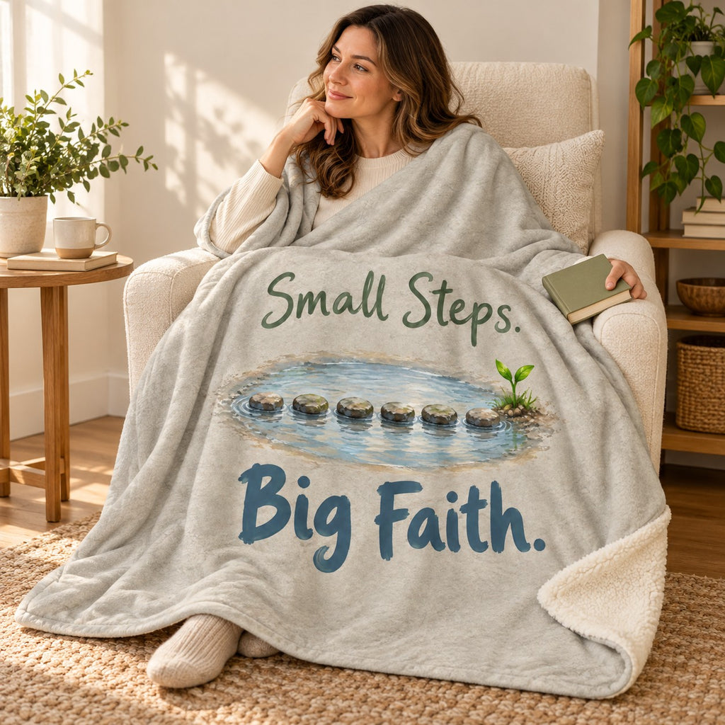 Small Steps. Big Faith blanket, wrapped around a reader