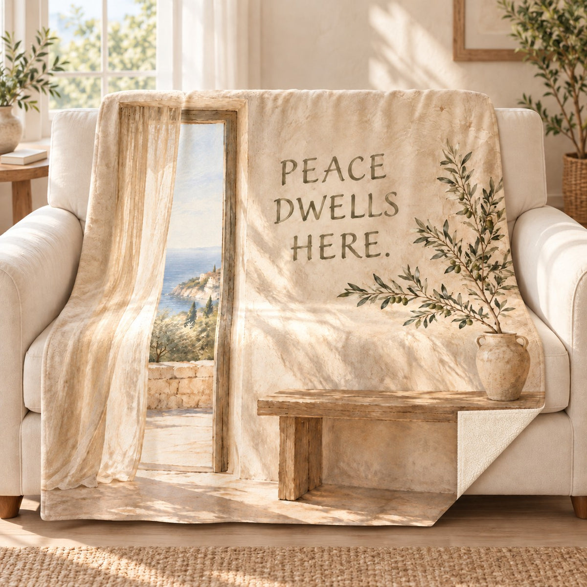 Peace Dwells Here. blanket, on a sofa