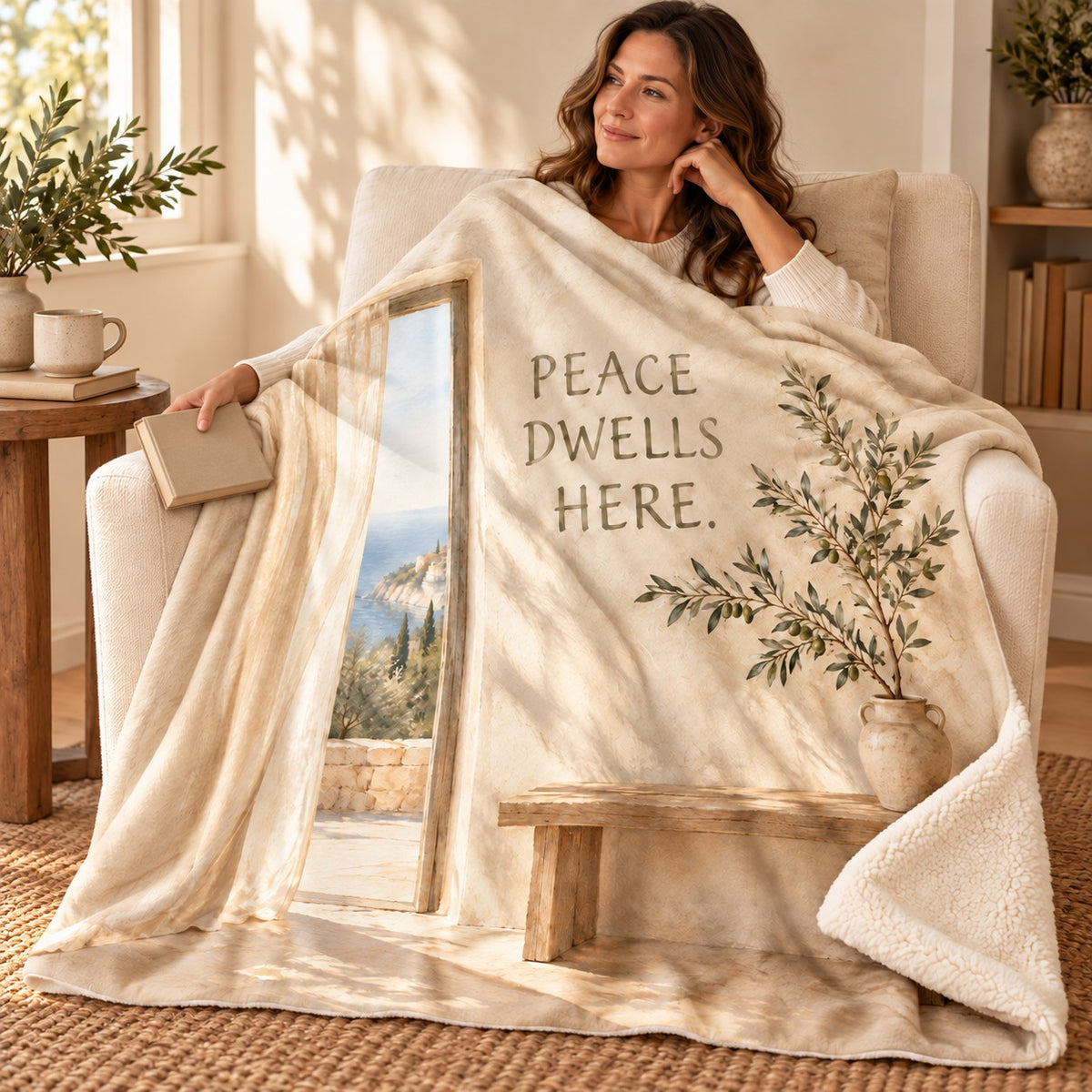 Peace Dwells Here. blanket, wrapped around a reader