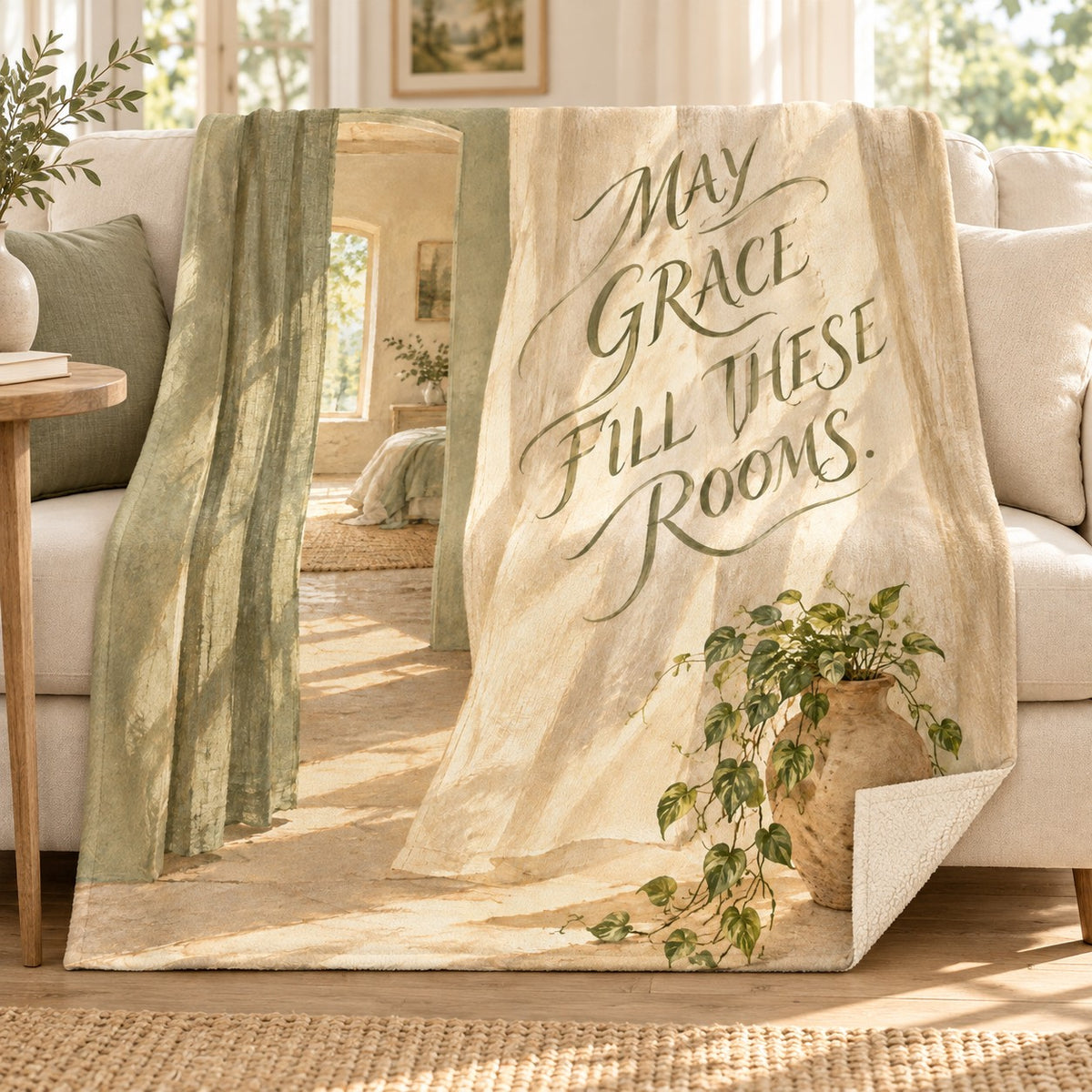 May Grace Fill These Rooms. blanket, on a sofa