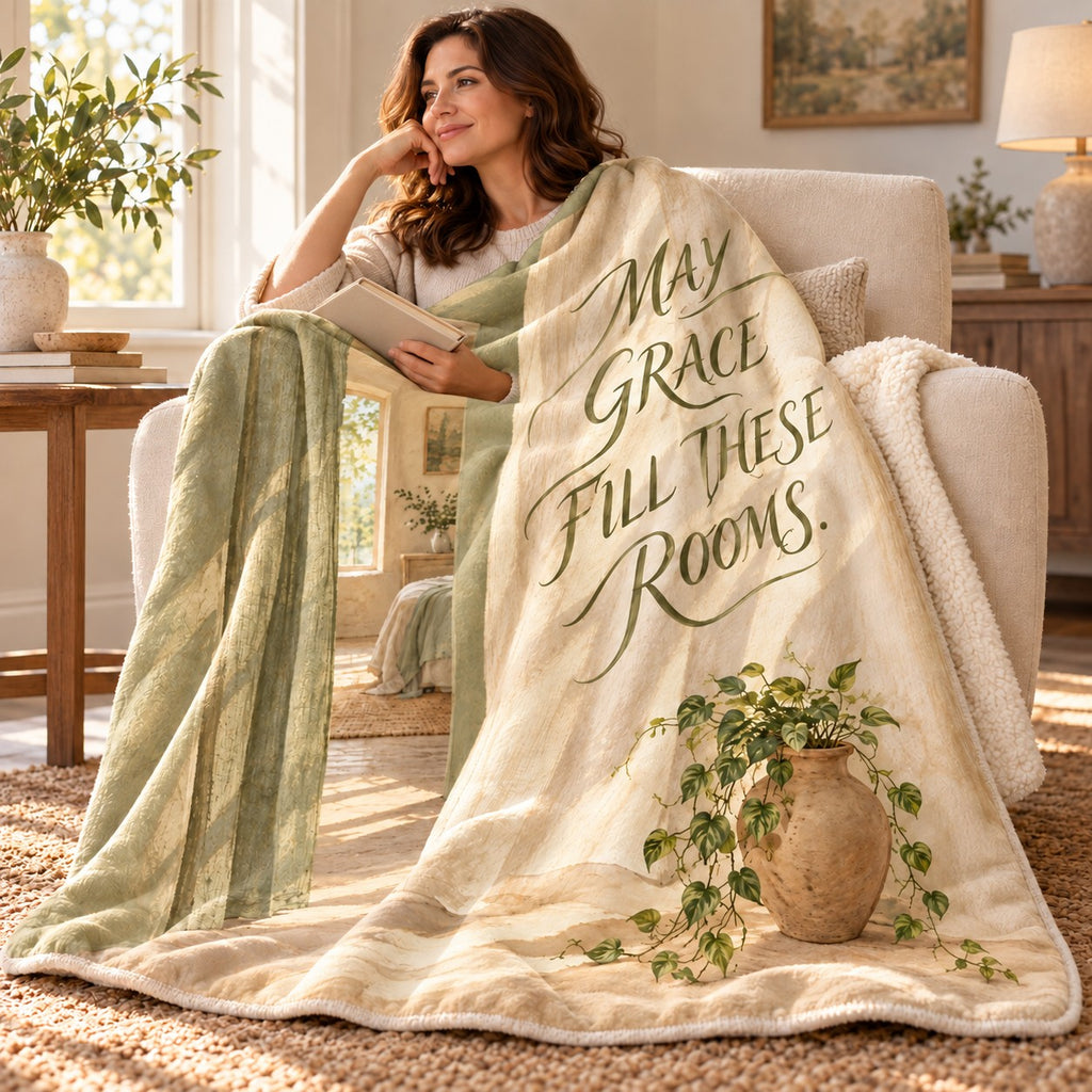 May Grace Fill These Rooms. blanket, wrapped around a reader