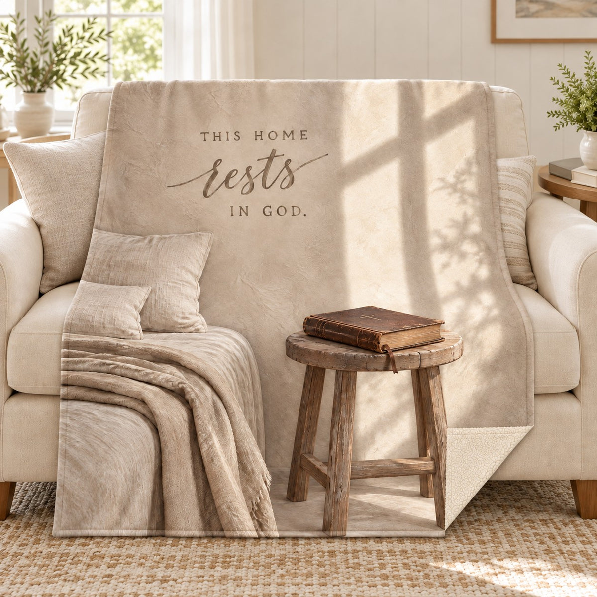 This Home Rests in God. blanket, on a sofa
