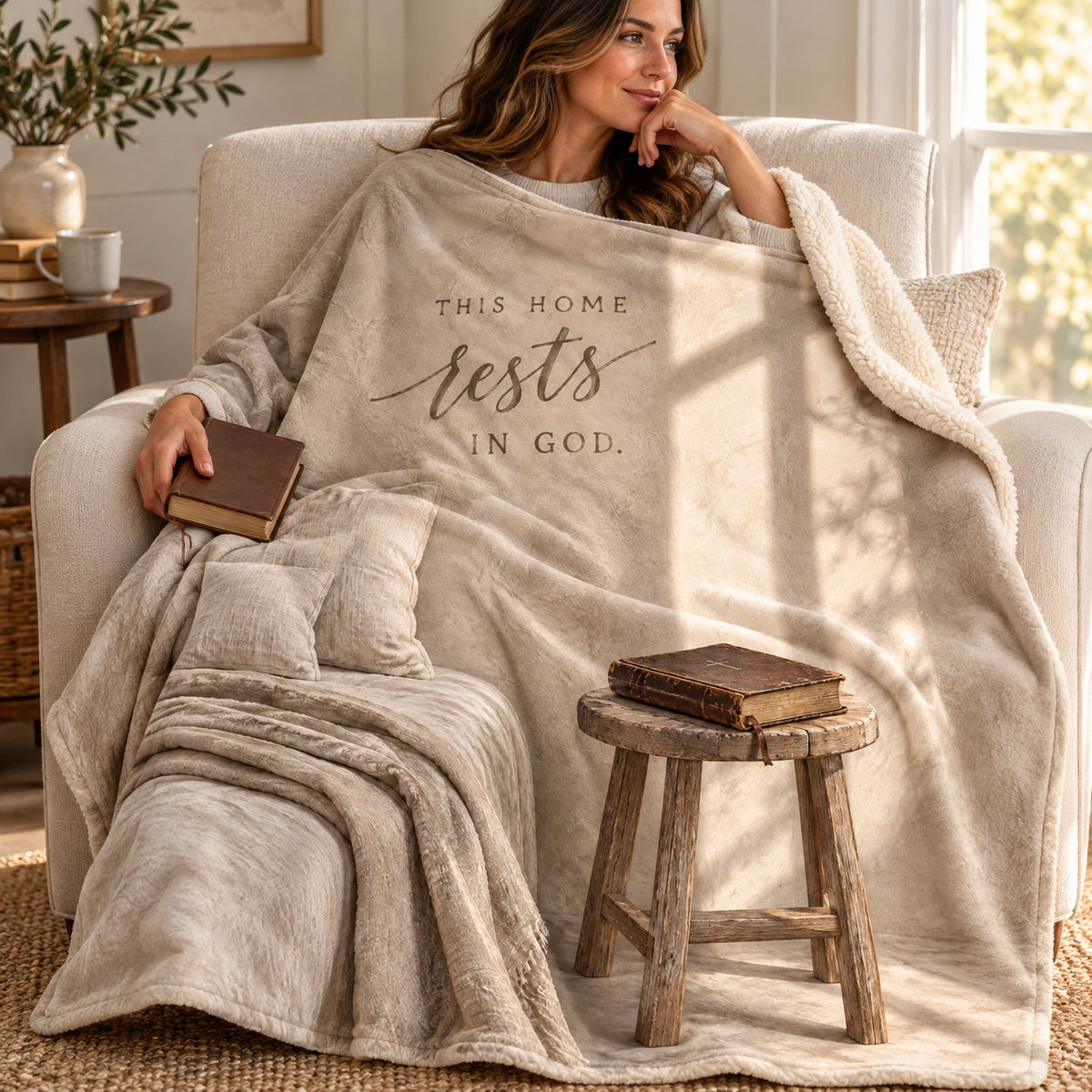 This Home Rests in God. blanket, wrapped around a reader