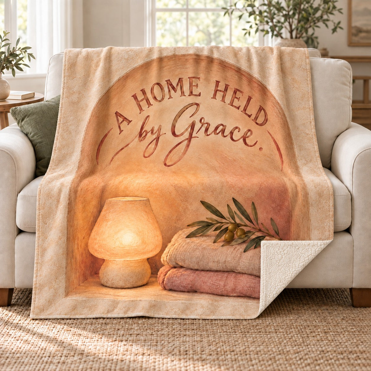 A Home Held by Grace. blanket, on a sofa