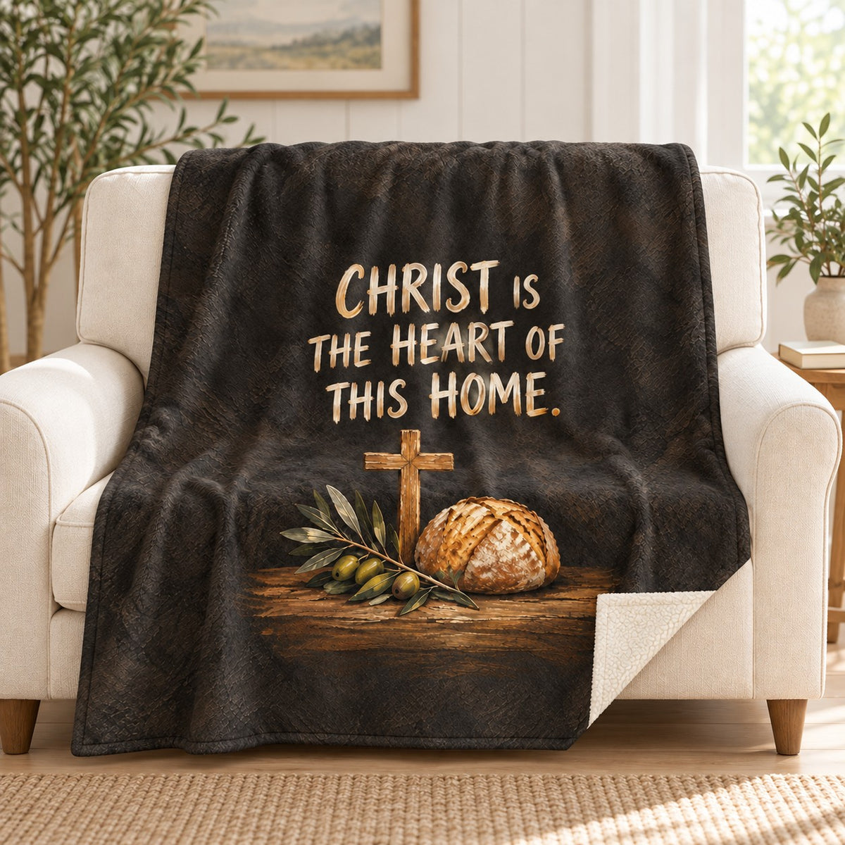 Christ Is the Heart of This Home. blanket, on a sofa