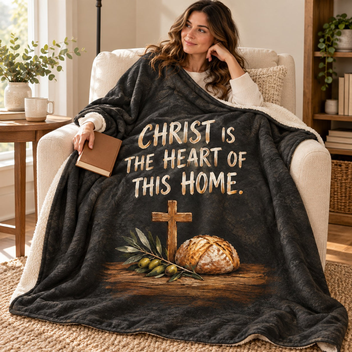 Christ Is the Heart of This Home. blanket, wrapped around a reader