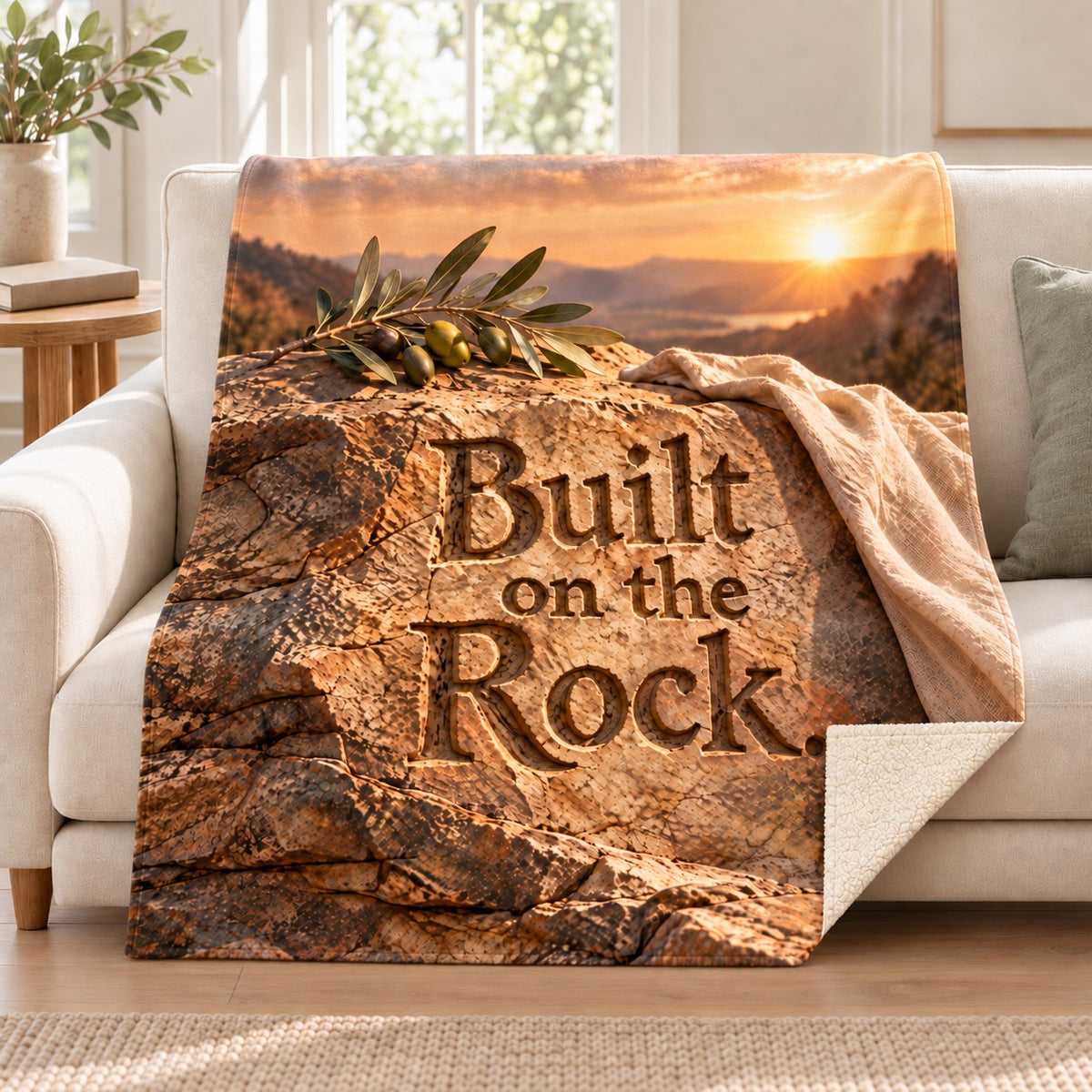 Built on the Rock. blanket, on a sofa