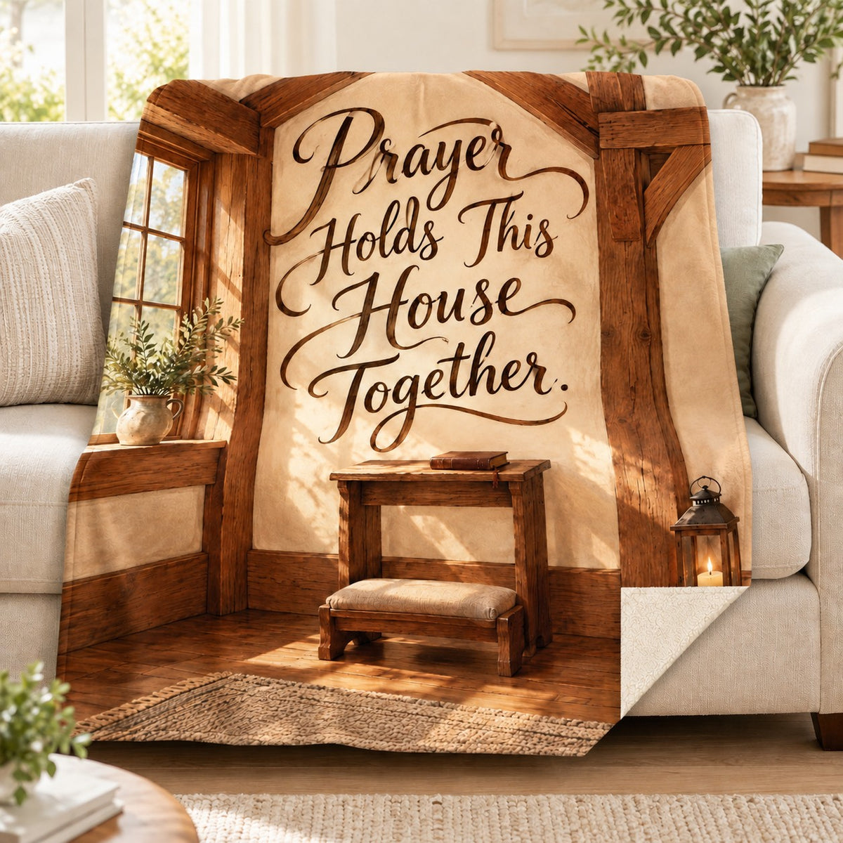 Prayer Holds This House Together. blanket, on a sofa