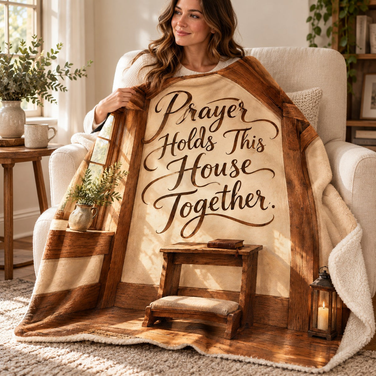 Prayer Holds This House Together. blanket, wrapped around a reader