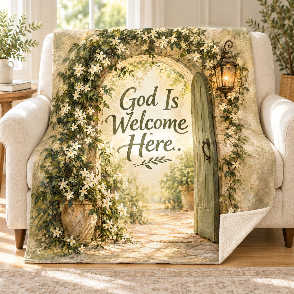 God Is Welcome Here. blanket, on a sofa