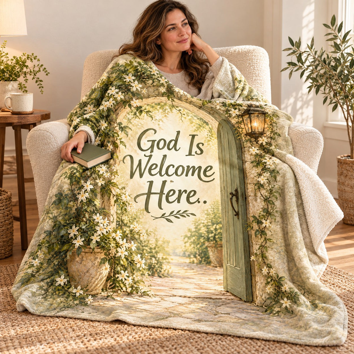 God Is Welcome Here. blanket, wrapped around a reader