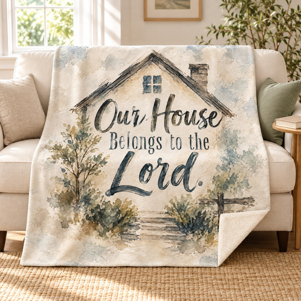Our House Belongs to the Lord. blanket, on a sofa