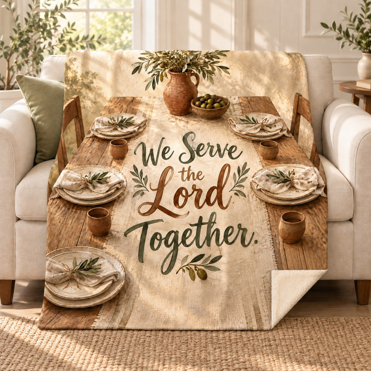 We Serve the Lord Together. blanket, on a sofa