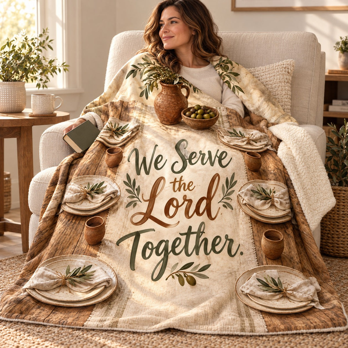 We Serve the Lord Together. blanket, wrapped around a reader