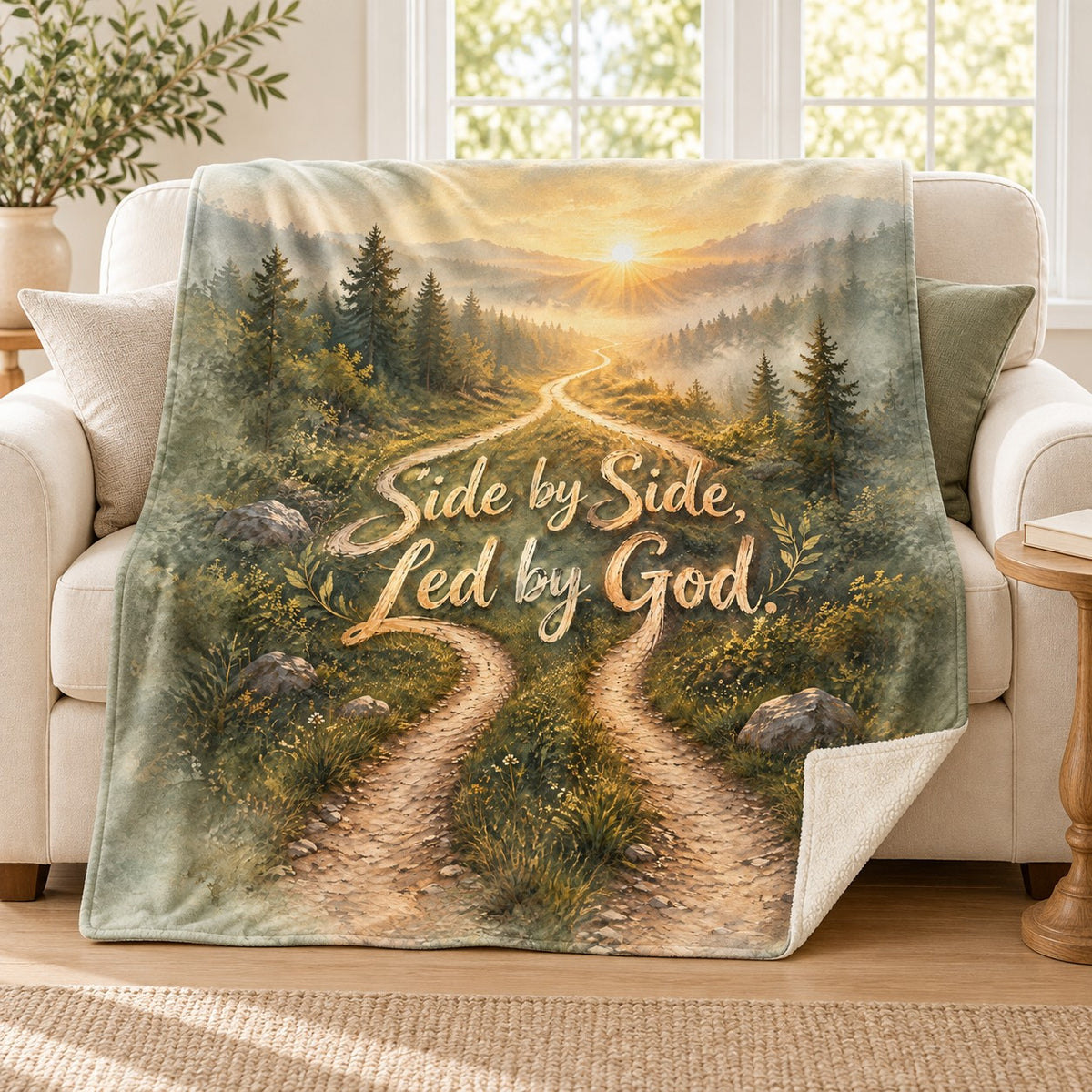 Side by Side, Led by God. blanket, on a sofa
