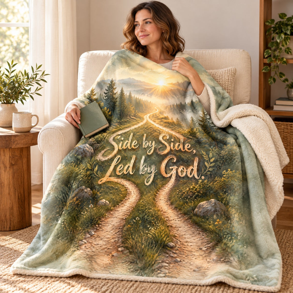Side by Side, Led by God. blanket, wrapped around a reader