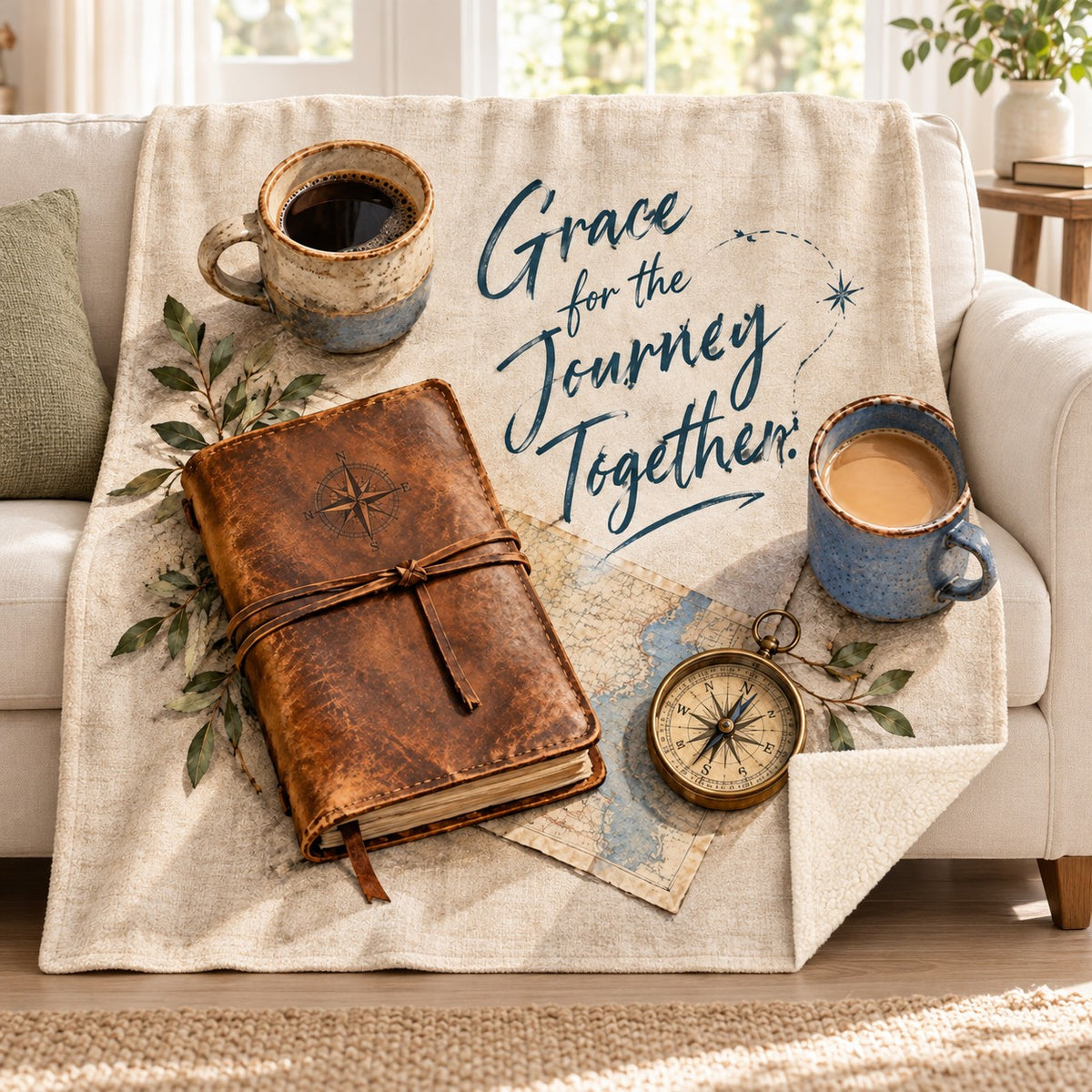 Grace for the Journey Together. blanket, on a sofa
